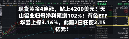现货黄金4连涨，站上4200美元！天山铝业归母净利预增102%！有色ETF华宝上探3.16%	，此前2日狂揽2.15亿元！-第2张图片