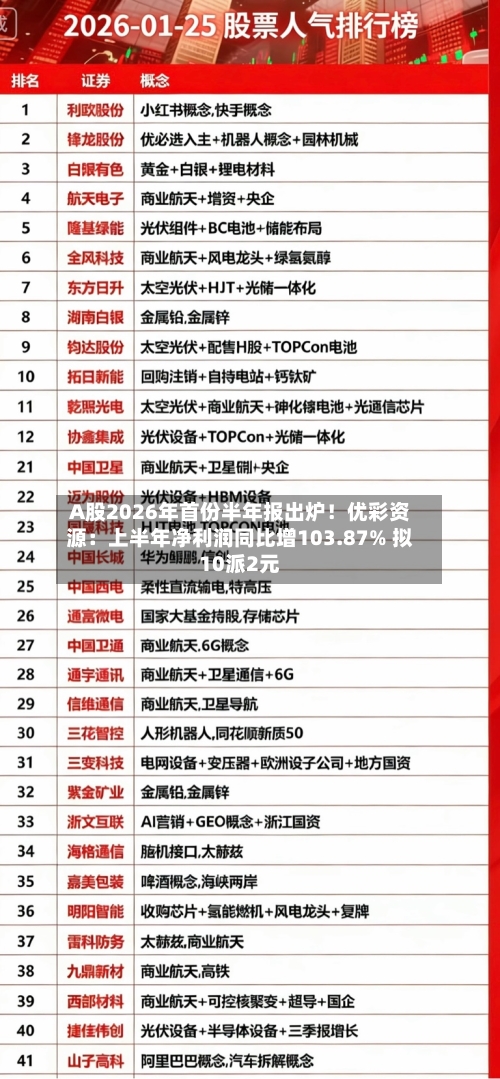 A股2026年首份半年报出炉!优彩资源:上半年净利润同比增103.87% 拟10派2元-第2张图片