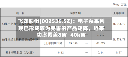 飞龙股份(002536.SZ)：电子泵系列现已形成较为完善的产品矩阵，近来功率覆盖8W―40kW