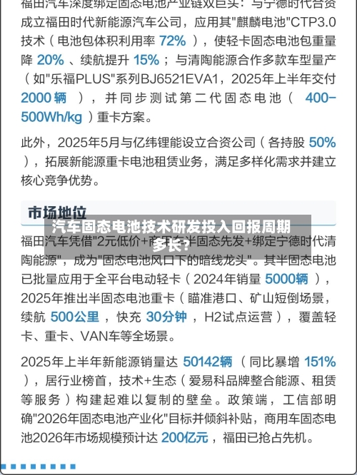 汽车固态电池技术研发投入回报周期多长？