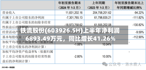铁流股份(603926.SH)上半年净利润6893.49万元	，同比增长41.26%-第2张图片